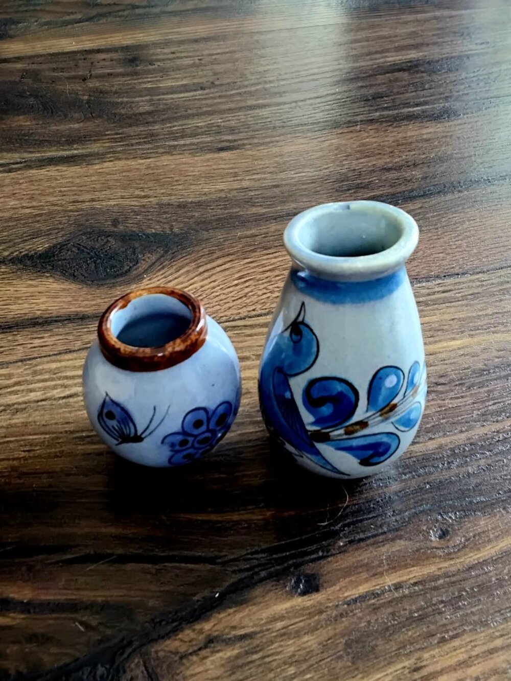 Set of 2 Vtg Mexican Tonala Pottery Vases. Painted Bird, Butterfly, & Florals